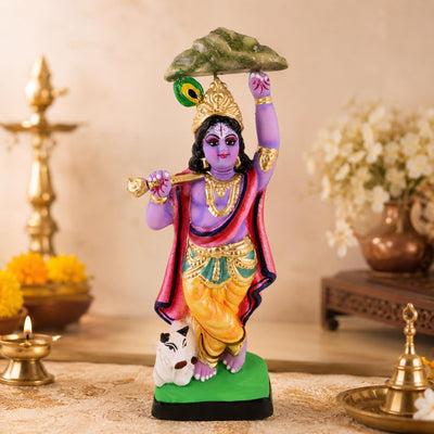 Niharika Collections Krishna Lifting Govardhan Parbat Idol | Spiritual & Cultural Clay Art | Handmade Terracotta Sculpture