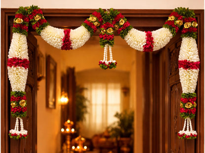Cream & Pink Hanging Artificial Flower Toran for Main Door Entrance, Reusable Thoran for Pooja Mandir, Living Room & Home Décor, Bandarwal for Festival Decoration (42x25 inch)