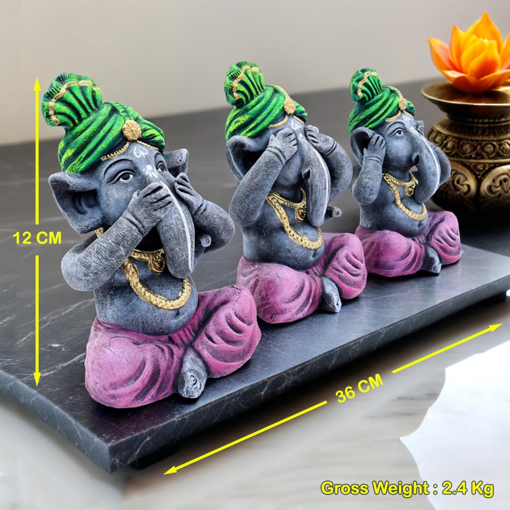 Niharika Collections Handmade Terracotta Ganesha Idol Set of 3 | Meditative Ganesha Figurines with Covered Eyes, Ears & Mouth | Clay Ganesh Murti for Home Temple, Meditation | Green-Purple