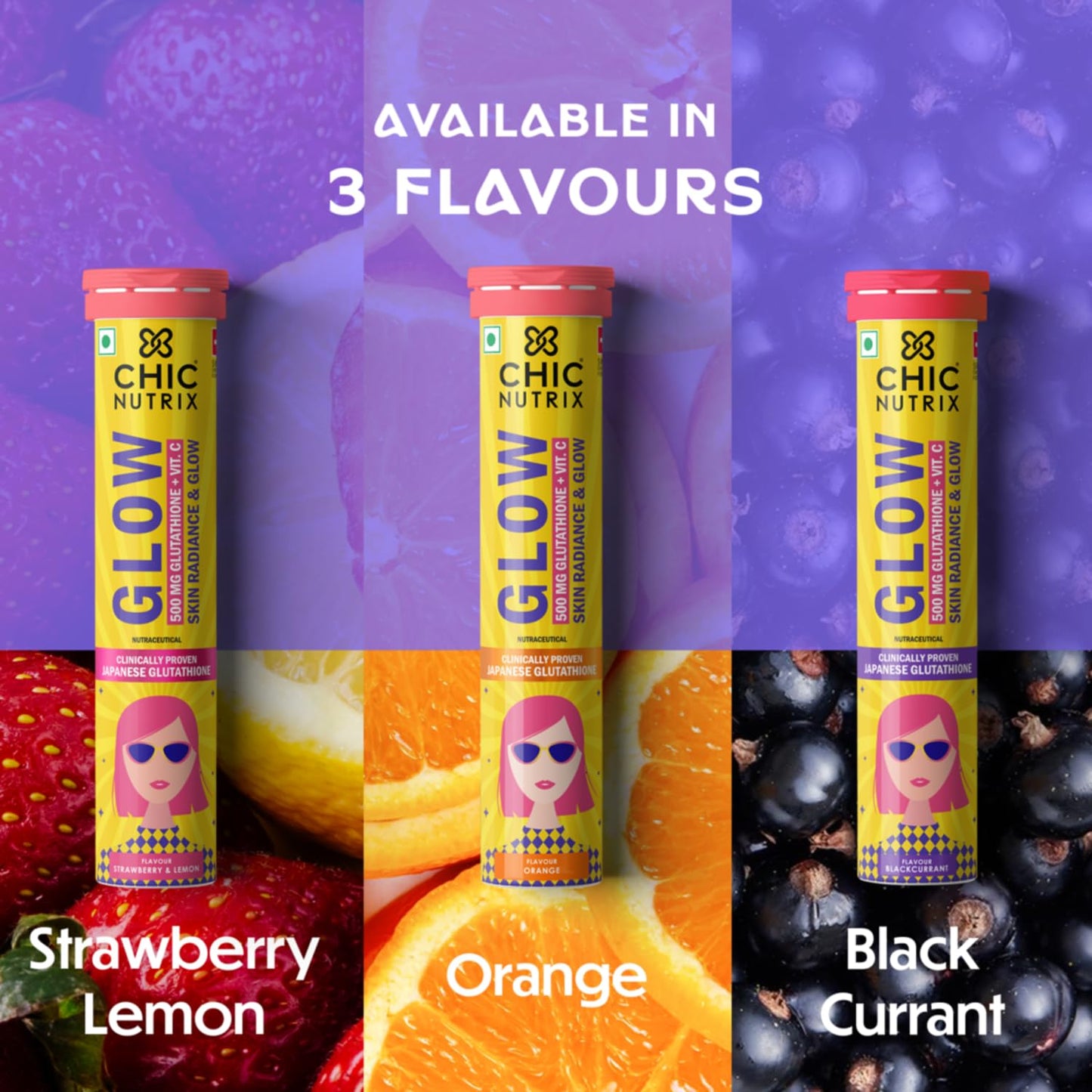Chicnutrix Glow 500mg Effervescent Tablets - Strawberry & Lemon Flavor, For Glow & Radiance Skin - Indyancart