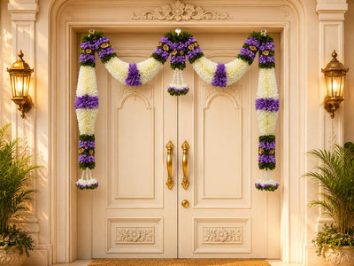 Purple & Cream Hanging Artificial Flower Toran for Main Door Entrance, Reusable Thoran for Pooja Mandir, Living Room & Home Décor, Bandarwal for Festival Decoration (42x25 inch)
