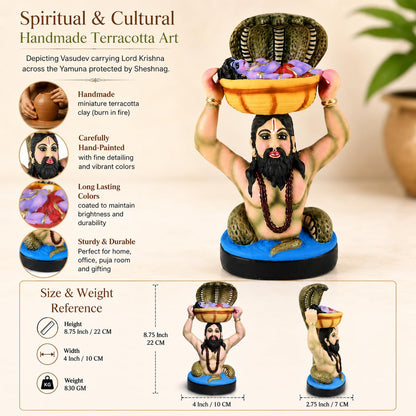Niharika Collections Vasudev & Krishna Crossing the Yamuna with Sheshnag Idol | Handmade Clay Terracotta | Spiritual and Cultural Art