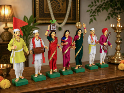 Niharika Collections Handmade Terracotta Clay Idols 8 Inch Clay Figurines Set of 7 | Traditional Handcrafted Pandharpur Warkari for Home Mandir, Navratri Decor, Golu and Gifting