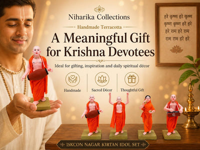 Niharika Collections Handmade Terracotta ISKCON Sankirtan Mandali Idol Set |6 Inch Clay Devotional Figurines with Fabric Dress for Mandir Decor and Gifting