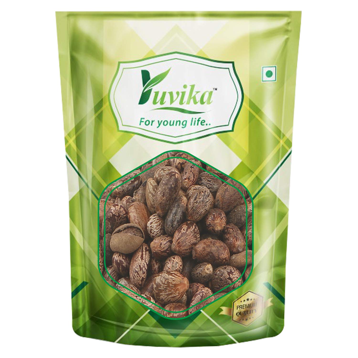Yuvika Ayurvedic Castor Seeds (Ricinus Communis Linn) in a clear container, showcasing the small, brown seeds used for natural remedies.