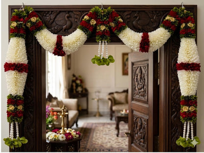 Maroon & Green Hanging Artificial Flower Toran for Main Door Entrance, Reusable Thoran for Pooja Mandir, Living Room & Home Décor, Bandarwal for Festival Decoration (42x25 inch)