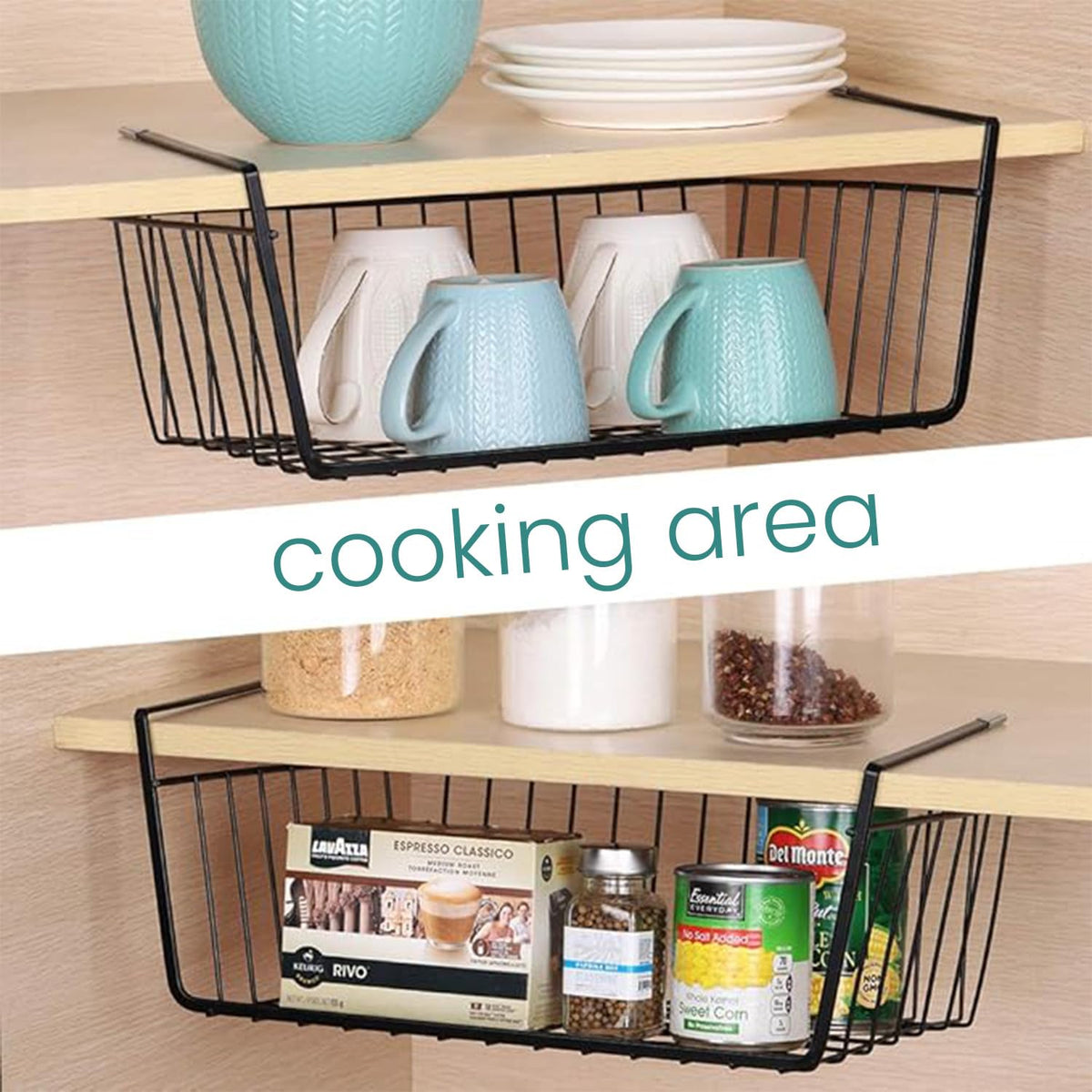 Go Hooked Multipurpose 16 Inch Under Shelf Basket Powder Coated Iron Under Cabinet Organiser Undershelf Organiser Basket Under Shelf Storage Rack for Kitchen Bedroom Office Pack of 2 Black