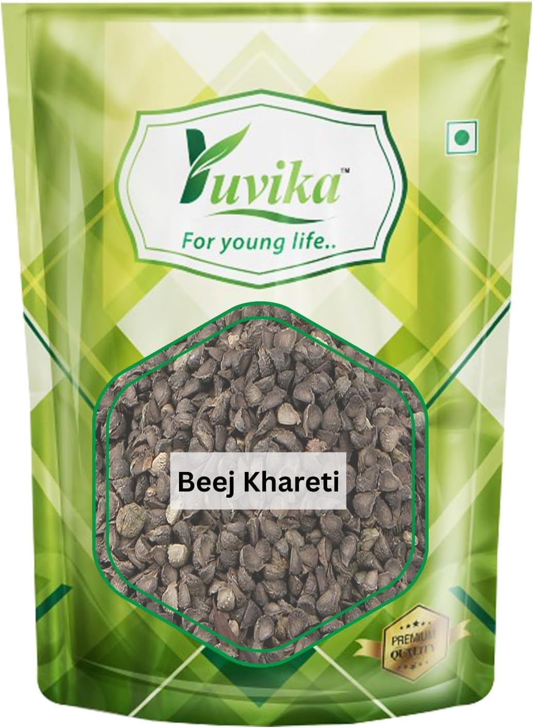 Yuvika Beej Khareti Ayurvedic product with Abutilon Indicum seeds in a traditional container, used for herbal remedies and health.