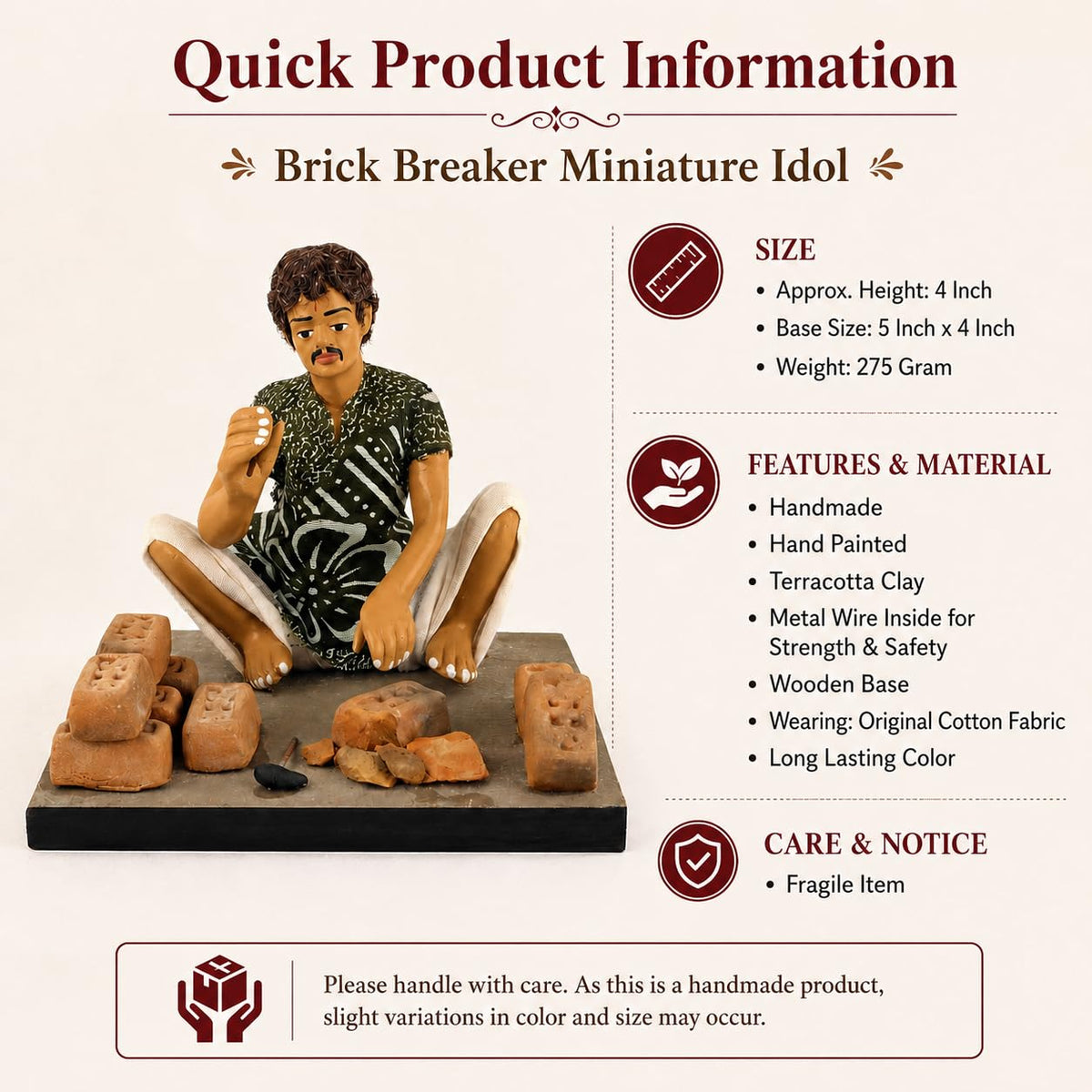Niharika Collections Krishnanagar Handmade Clay Gift & Décor | Prime- Sitting Human Figure Miniature Idol - Brick Breaker