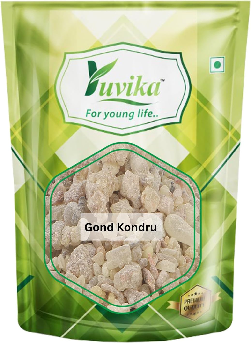 Yuvika Gond Kondru (Shallaki Gum) Boswellia Serrata Ayurvedic product in a clear plastic bag with label and product details.