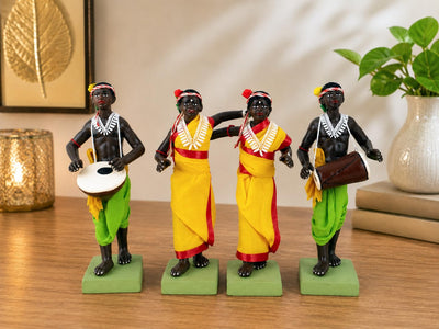 Niharika Collections Krishnanagar Handmade Clay Tribal Dance Group Idol | Terracotta Folk Human Figurines | Traditional Home Decor & Gift Showpiece | Set of 4