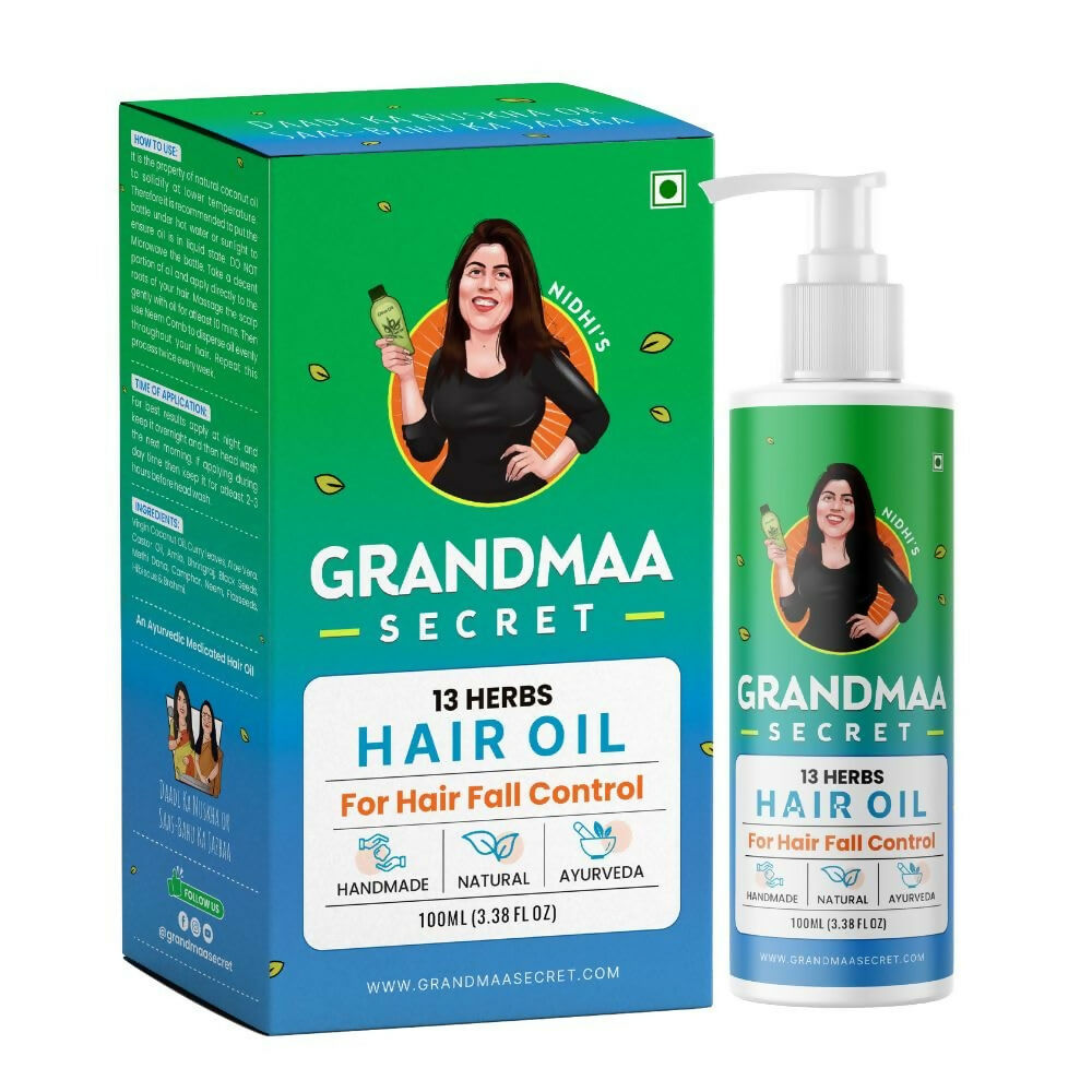 Nidhi's Grandmaa Secret 13 Herbs Hair Oil featuring coconut and curry leaves, natural hair fall control for dry damaged hair