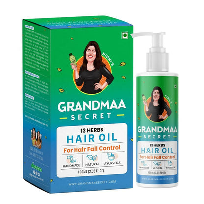Nidhi's Grandmaa Secret 13 Herbs Hair Oil featuring coconut and curry leaves, natural hair fall control for dry damaged hair