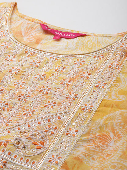 Indyancart VA Women'sPaisley Printed Sequinned Kurta With Trousers & Dupatta