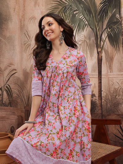 Indyancart SN Women's Floral Print Empire Lace Insert Detail Pure Cotton A-Line Kurta with Trousers
