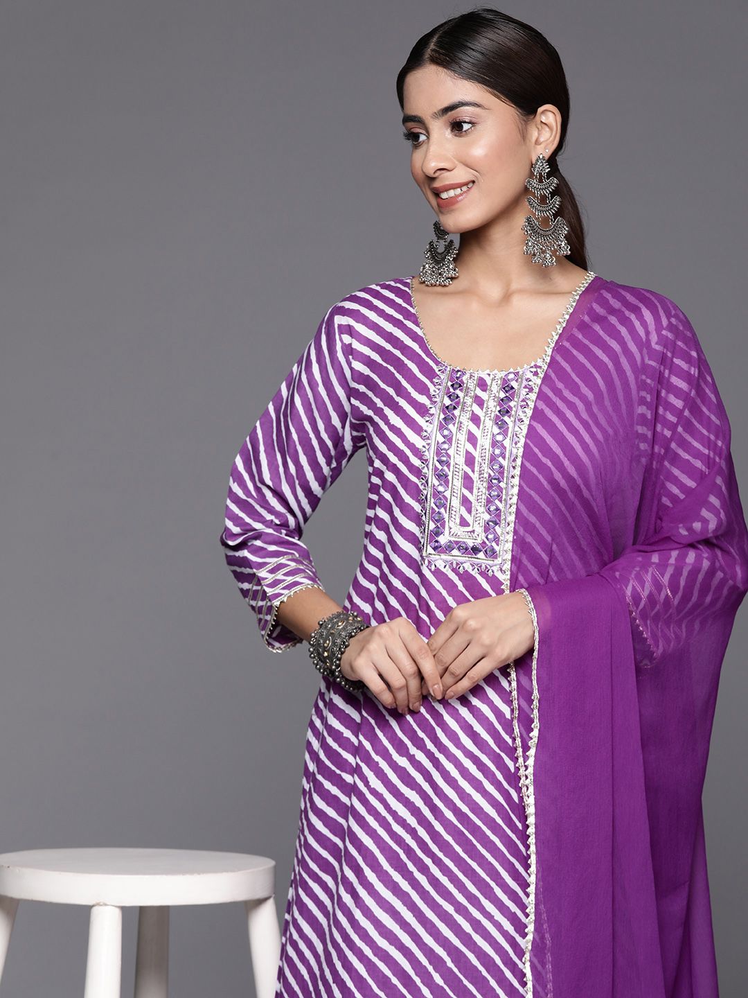 Indyancart VA Women's Leheriya Printed Mirror Work Pure Cotton Kurta with Trousers & With Dupatta