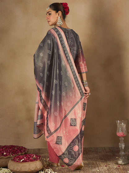 Indyancart IE Floral Embroidered Embellished Notch Neck Straight Kurta with Trouser And Dupatta