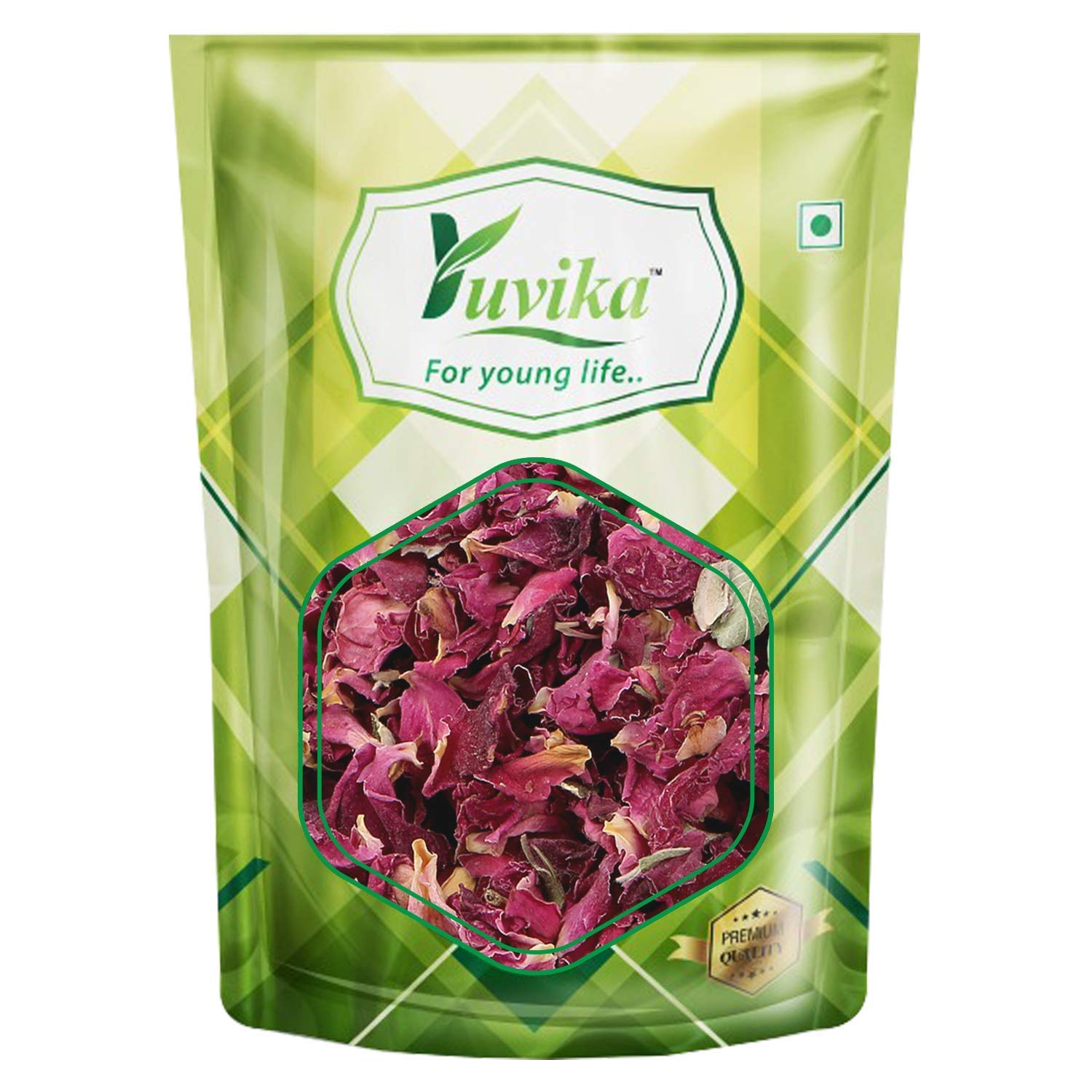 Yuvika Gulab Patti Rosa Gallica dry rose petals in a natural Ayurvedic product, showcasing vibrant pink dried rose petals.