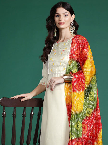 Indyancart IE Floral Yoke Design Zari Pure Cotton Kurta With Trousers & Dupatta