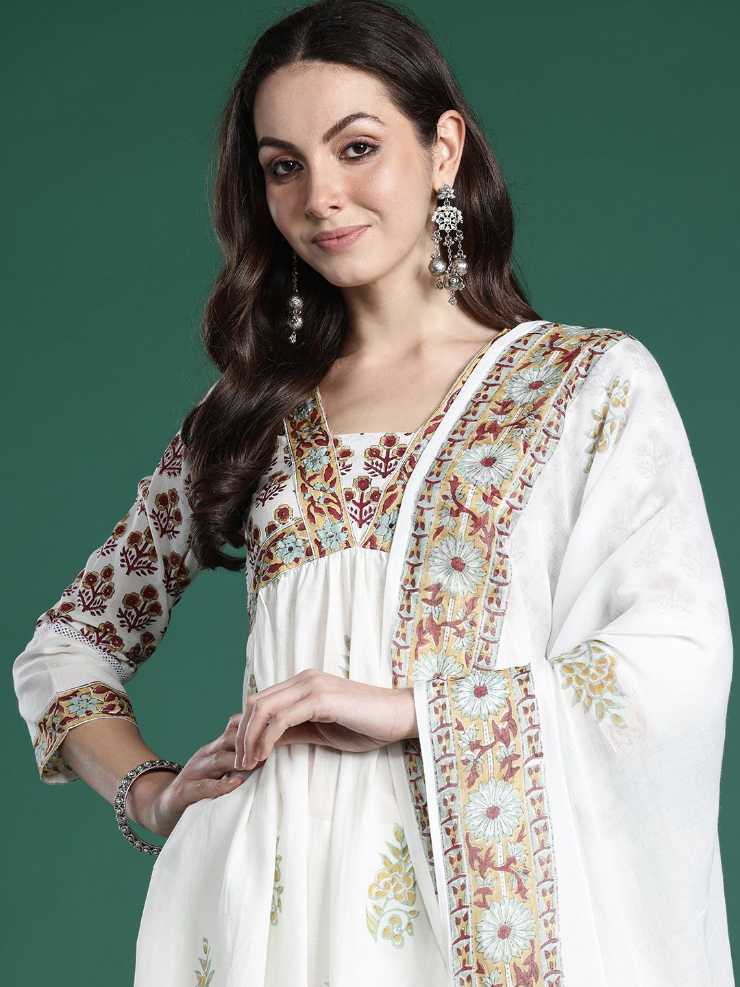 Floral Printed Empire Pure Cotton Kurta with Trousers & With Dupatta