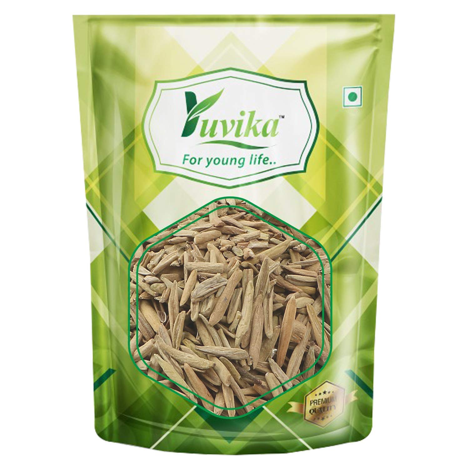 Yuvika Indrajau Kadwa Ayurvedic product with dried Holarrhena Pubescens herbs in a clear glass container