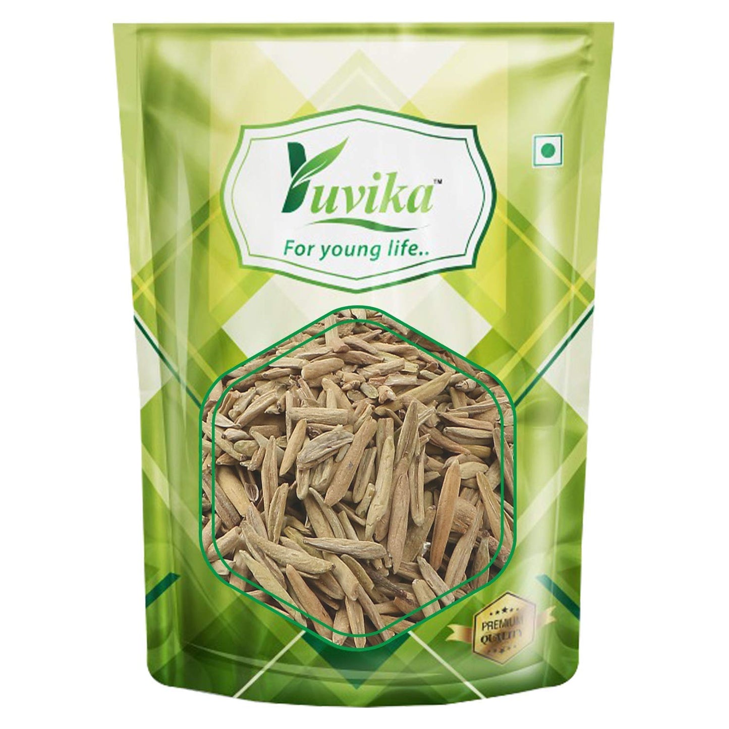 Yuvika Ayurvedic Yuvika Indrajau Kadwa herbal powder in a glass jar, traditional herbal medicine from Holarrhena Pubescens plant.