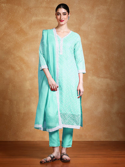 Indyancart VA Women's Floral Embroidered Regular Thread Work Kurta with Trousers & Dupatta