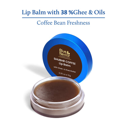 Blue Nectar Shubhr Coffee Lip Balm with Ghee for dry lips and brightening, featuring a smooth balm texture in a natural setting