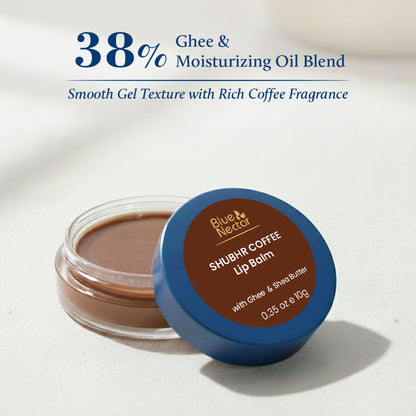 Blue Nectar Shubhr Coffee Lip Balm with Ghee for dry lips and brightening, featuring a blue container and natural ingredients.