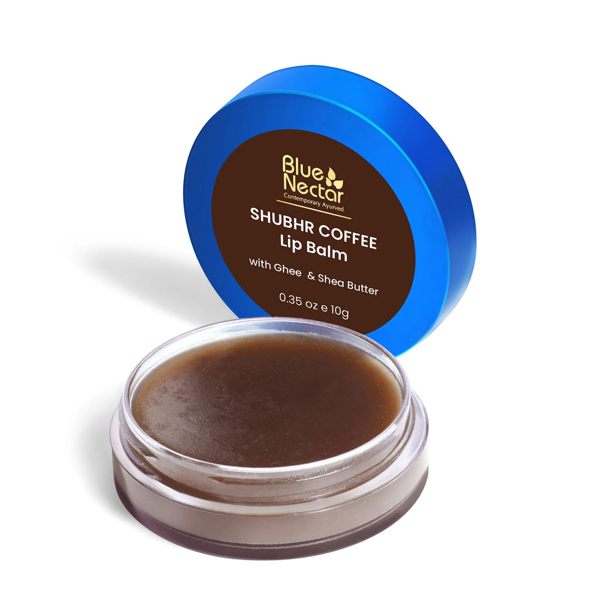 Blue Nectar Shubhr Coffee Lip Balm with Ghee for dry, dull lips, providing hydration and brightening.