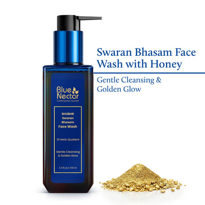 Blue Nectar 24K Gold Swaran Bhasam Ayurvedic face wash with gold particles, designed for gentle skin cleansing and revitalization.