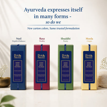 Blue Nectar 24K Gold Swaran Bhasam Ayurvedic face wash with gold particles, featuring a clear bottle and herbal ingredients visible in the image.