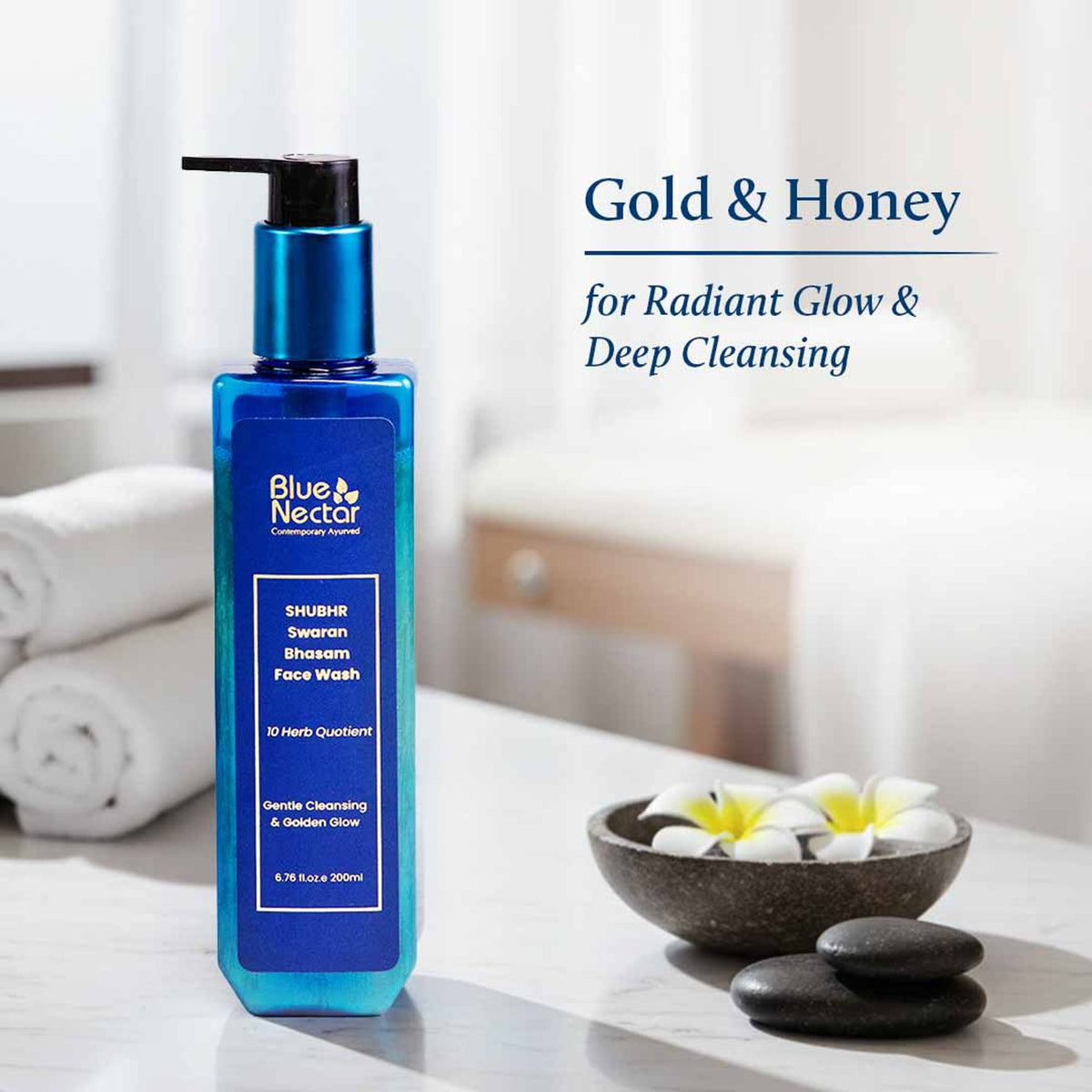 Blue Nectar 24K Gold Swaran Bhasam Ayurvedic face wash with gold flakes and herbal ingredients in a tube.