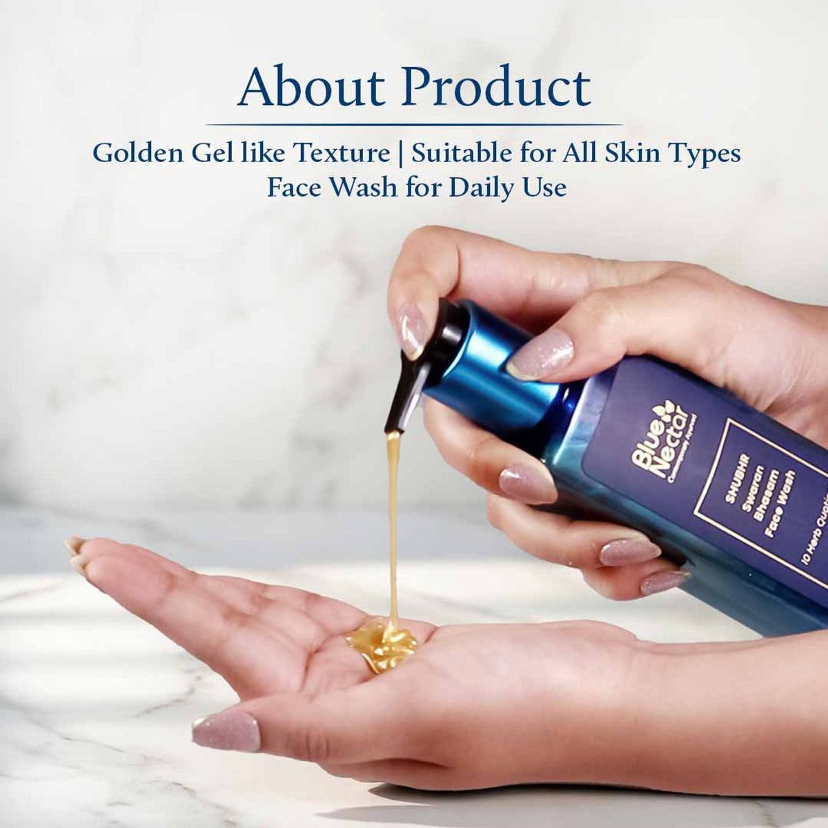 Blue Nectar 24K Gold Swaran Bhasam Ayurvedic face wash with a blue and gold bottle, featuring herbal ingredients for skincare.