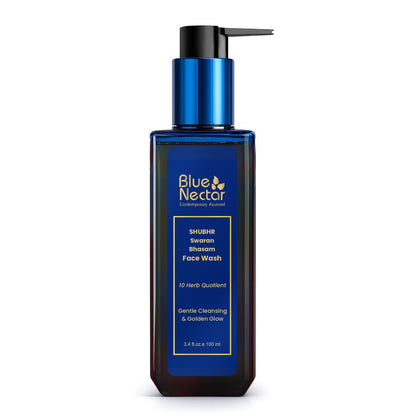Blue Nectar 24K Gold Swaran Bhasam Ayurvedic face wash with a clear tube and gold accents, designed for gentle skincare.