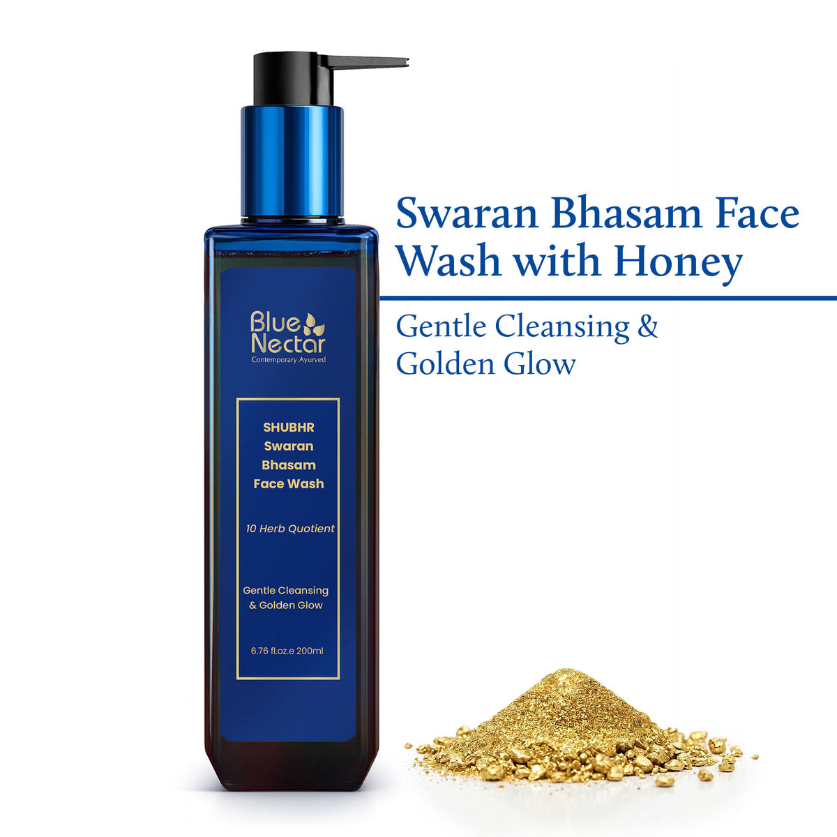 Blue Nectar Swaran Bhasam 24K Gold face wash in a white tube with gold accents, designed for Ayurvedic skincare.