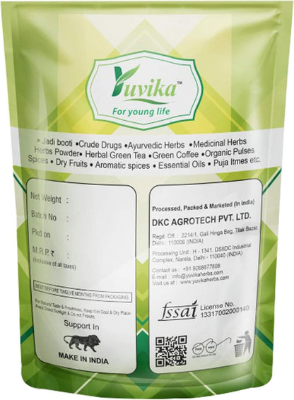 Yuvika Behman Safed Ayurvedic product with white Centaurea Behen Linn plant in a glass jar, used in traditional herbal remedies.