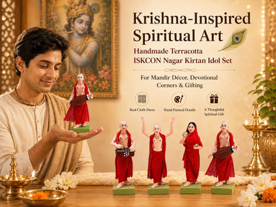 Niharika Collections Handmade Terracotta ISKCON Nagar Kirtan Idol Set | 6 Inch Clay Devotional Figurines with Fabric Dress for Mandir Decor and Gifting