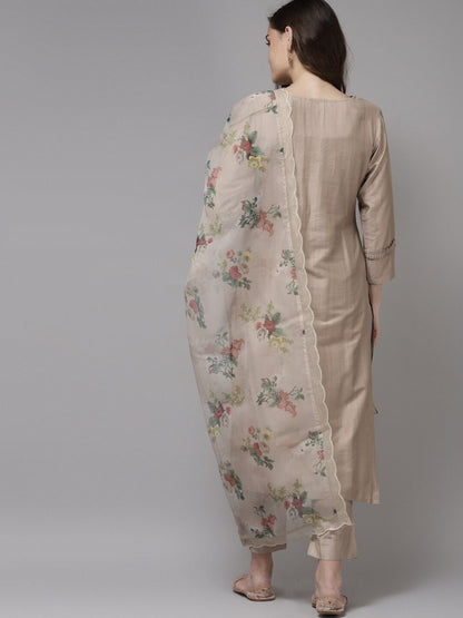 Dhiyona IE Women Beige Floral Embroidered Regular Kurta with Trousers & With Dupatta