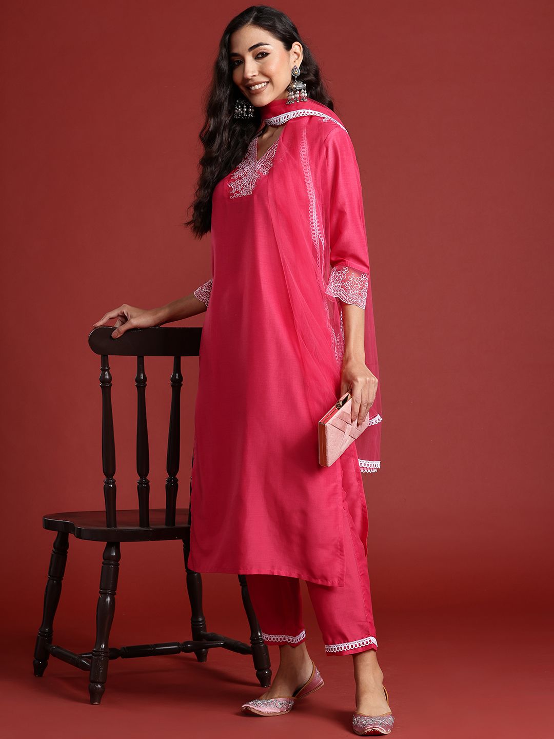 Indyancart IE Floral Yoke Design Kantha Work Kurta With Trousers & Dupatta