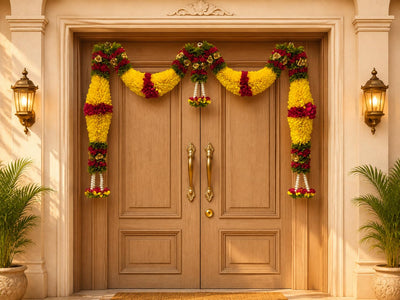 Yellow & Dark Pink Hanging Artificial Flower Toran for Main Door Entrance, Reusable Thoran for Pooja Mandir, Living Room & Home Décor, Bandarwal for Festival Decoration (42x25 inch)