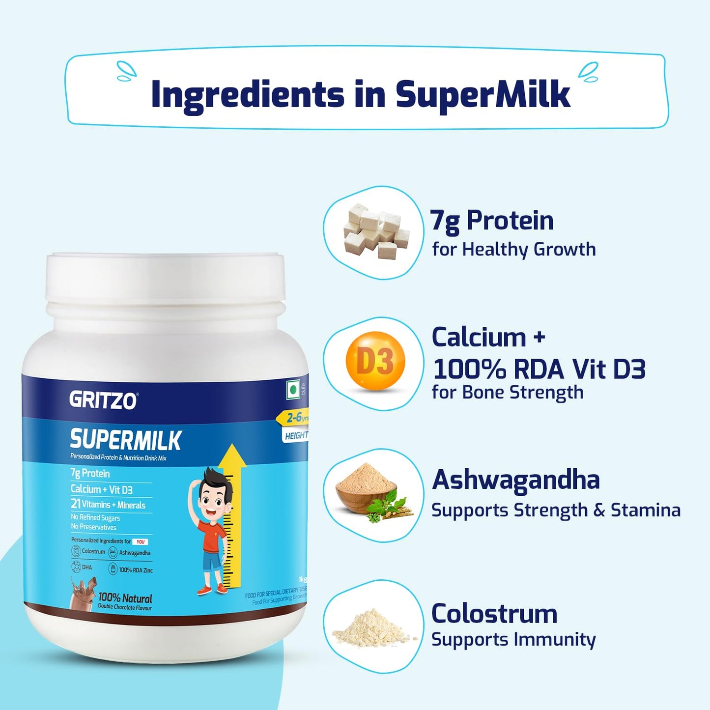 Gritzo Supermilk Height+ For 2-6Y Boys/Girls - Double Chocolate Flavor - Indyancart