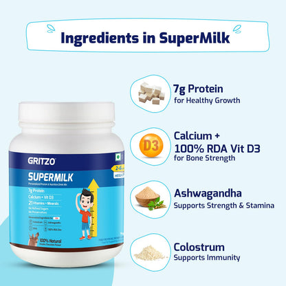 Gritzo Supermilk Height+ For 2-6Y Boys/Girls - Double Chocolate Flavor - Indyancart