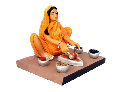 Niharika Collections Krishnanagar Handmade Clay Gift & Décor | Basic- Sitting Human Figure Miniature Idol - Spice-Grinding Woman, 12 x 10 Cm, Multicolour