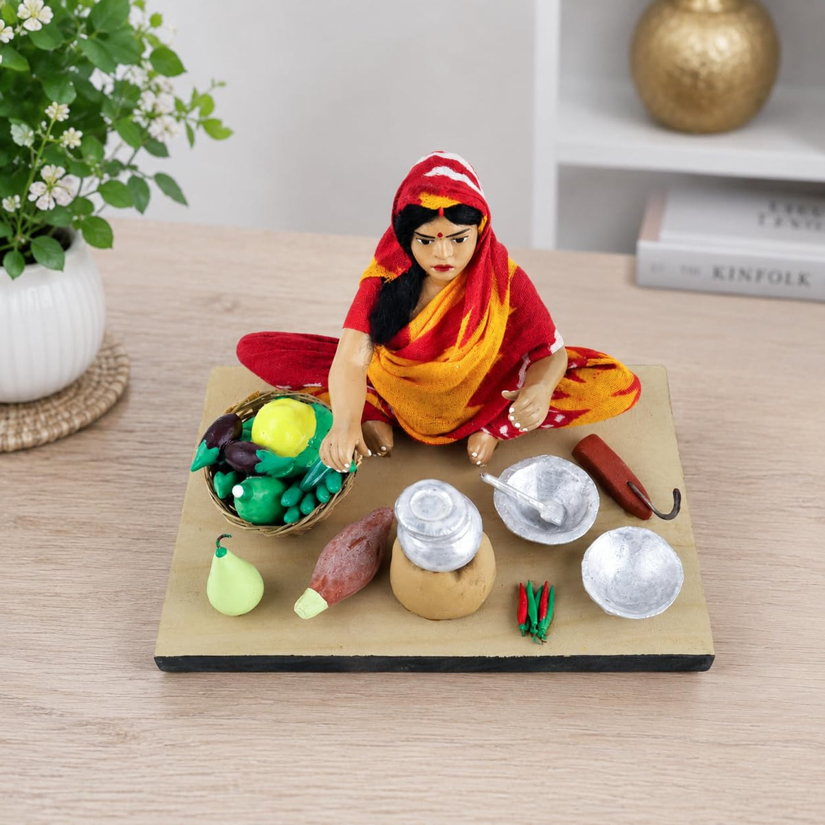 Niharika Collections Krishnanagar Handmade Terracotta Clay Idol, Mother Cooking Figurine, Sitting Human Figure Miniature, Traditional Indian Art Home Décor, Golu Display & Gifting, 15 x 10 x 10 cm