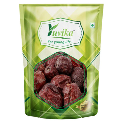 Yuvika Unnab Ber Red Ayurvedic product with red Zizyphus Sativa Gaetn Jujebe in a jar, traditional herbal remedy.