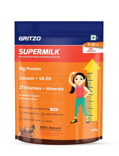 Gritzo SuperMilk Height+ Health Drink for 7-12y Girls - Double Chocolate Flavor - Indyancart