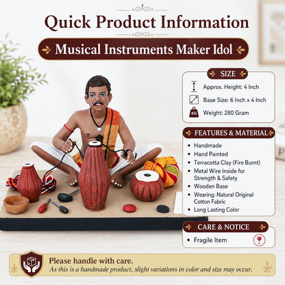 Niharika Krishnanagar Handmade Clay Idol, Musical Instruments Maker Figurine, Hand-Painted Sitting Human Figure Miniature, Indian Art Home Décor Gift for Tabletop, Shelf & Showcase, 18 x 15 x 12 cm