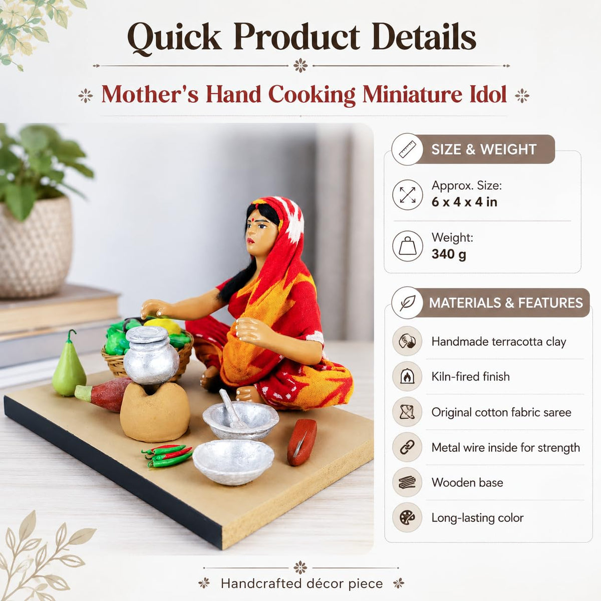 Niharika Collections Krishnanagar Handmade Terracotta Clay Idol, Mother Cooking Figurine, Sitting Human Figure Miniature, Traditional Indian Art Home Décor, Golu Display & Gifting, 15 x 10 x 10 cm