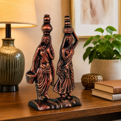 Niharika Collections Handmade Clay Terracotta Abstract Sculpture | Home Décor & Gift | Cultural Art | Rajasthani Women Idol (Bronze Color, Set of 2)